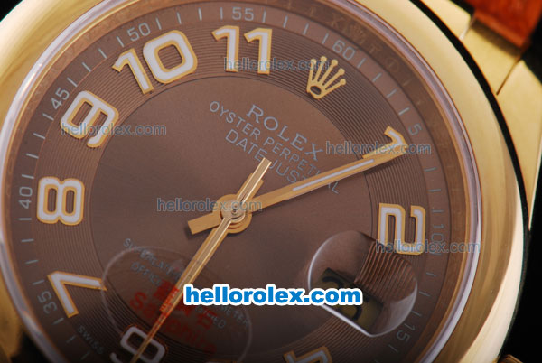 Rolex Datejust Oyster Perpetual Automatic Smooth Gold Case with Brown Dial and White Number Marking-Leather Strap - Click Image to Close